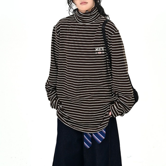 turtleneck one-point striped long tee　タートルネックワンポイントボーダーロンティー　J1373