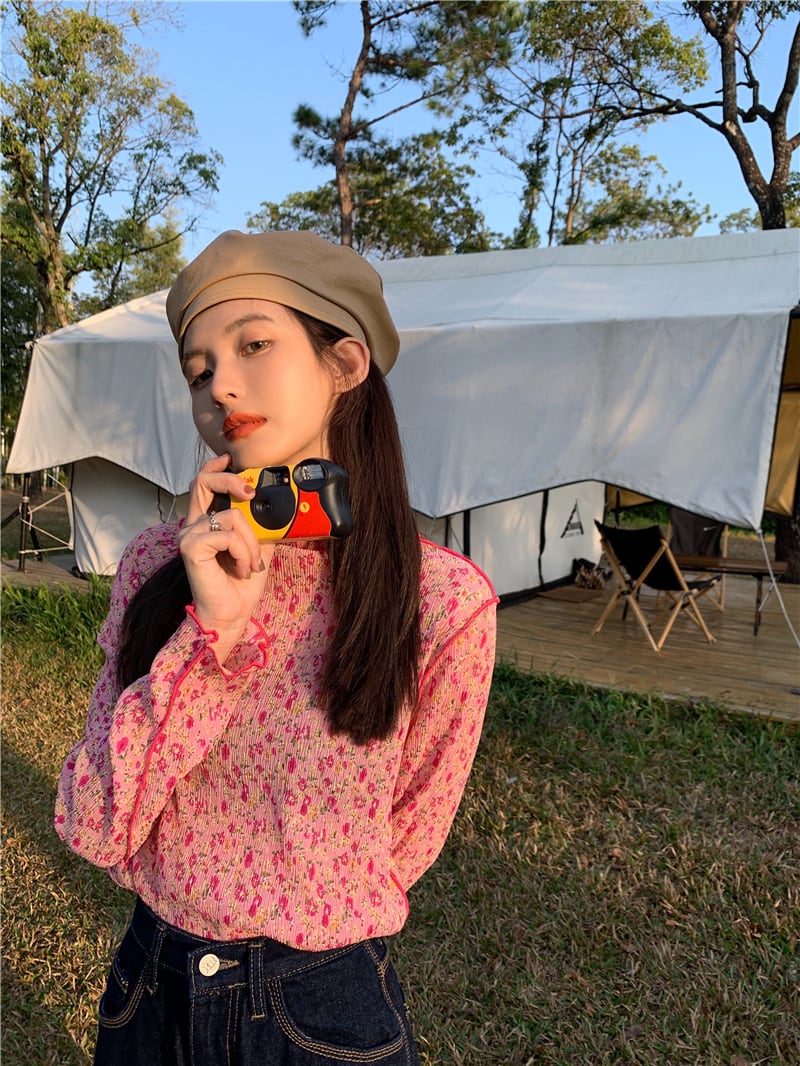 Tシャツ シャツ フローラルカラーオータムウィンタースリムトップス ロング ピンク 秋物 冬物 花柄 ブラックストロベリース1753851396