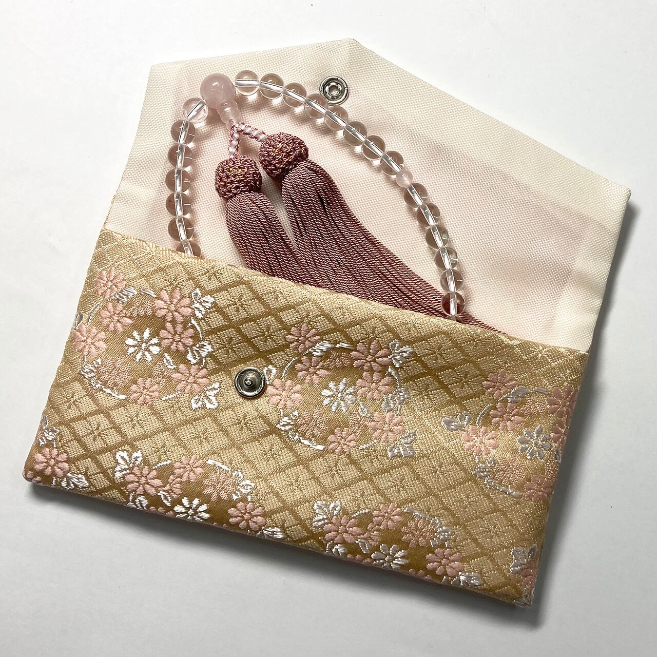 正绢房 念珠 略式念珠 水晶ローズクオーツ仕立 正絹房 念珠袋付 | sankodoshop