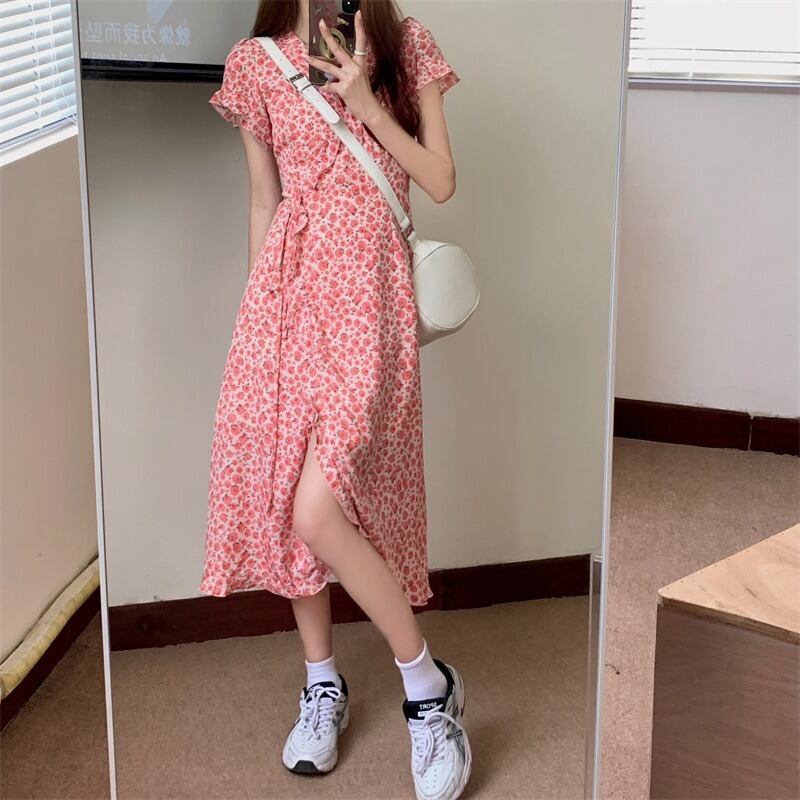 ドレス サマー薄手フローラルシフォンウェストロングスカート 大人ガーリー スウィート キュート カジュアル 夏物 花柄 1号婦人74453254639