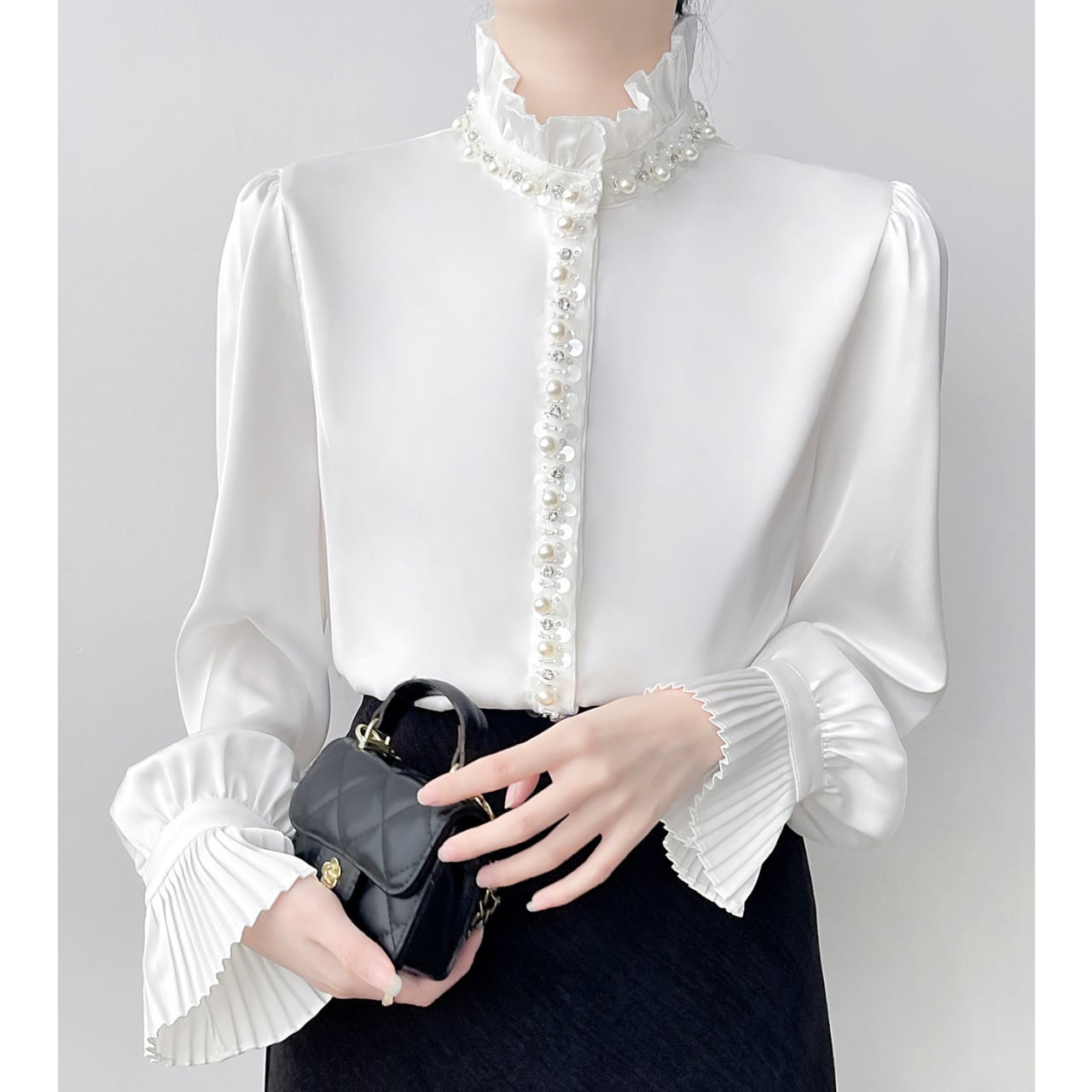 パールトリムフリルスタンドカラーブラウス JC0231
