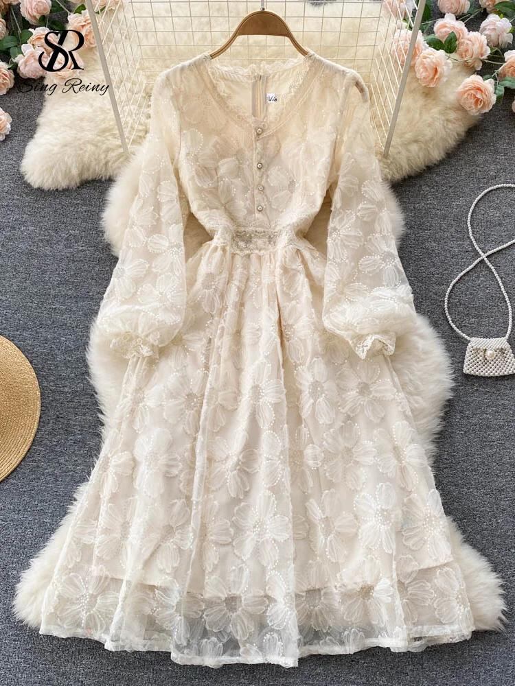Sing補強レースフレンチスタイルのロングドレス,女性用サマードレス,Vネック,長袖,ジッパー,セクシー,休暇,ビーチウェア,2022_326