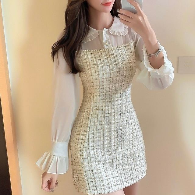 【即納】【一部受注】襟付きガーリーツイードワンピース