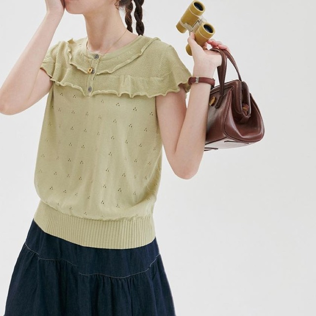 ruffled collar pointelle knit top