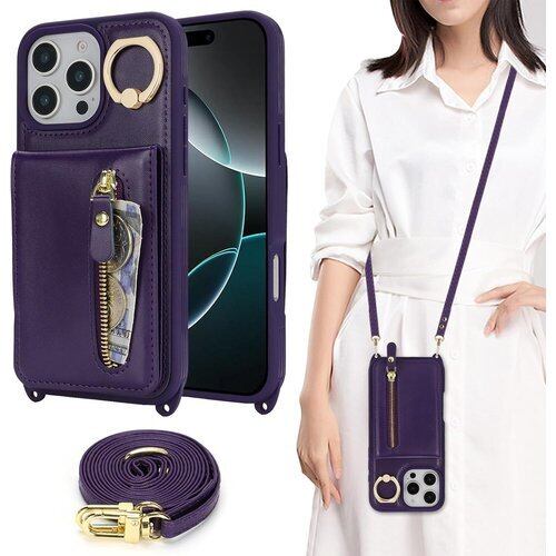 iPhone 16 Pro ケース ショルダー ストラップ付き ショルダーケース 背面フリップ 上下開 手帳型 アイフォン 16 プロ リング付き カバー アイホン 16 pro スマホケース いphone 16 pro 携帯カバー case 適用 iCoverCase リング付き カード収納 縦置き 横置き スタンド 肩がけ 首掛け 斜め掛け 携帯カバー パープル 3042