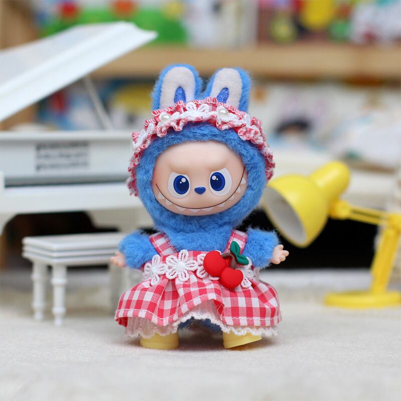 Labubu 4代用 チェック柄ワンピース+ヘアバンド+靴 ラブブ ぬいぐるみ