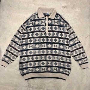 90s ESTEMA/Knit Polo Shirt/ITALY製/L/ニットポロ/長袖ポロシャツ/ボーダー/グレー/ネイビー/