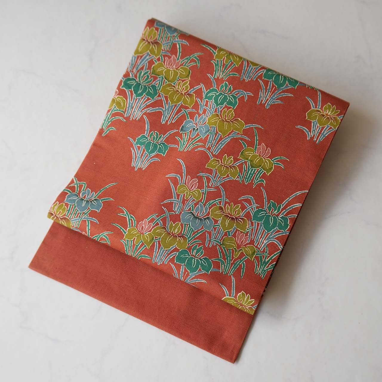 【難あり・なごや帯】赤茶色 菖蒲 ろうけつ染め なごや帯