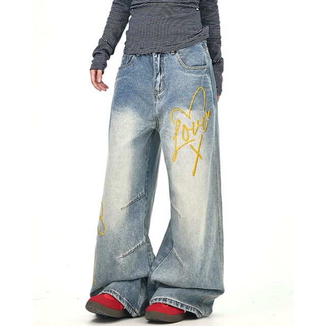 yellow heart lettering denim　イエローハートレタリングデニム　J1380