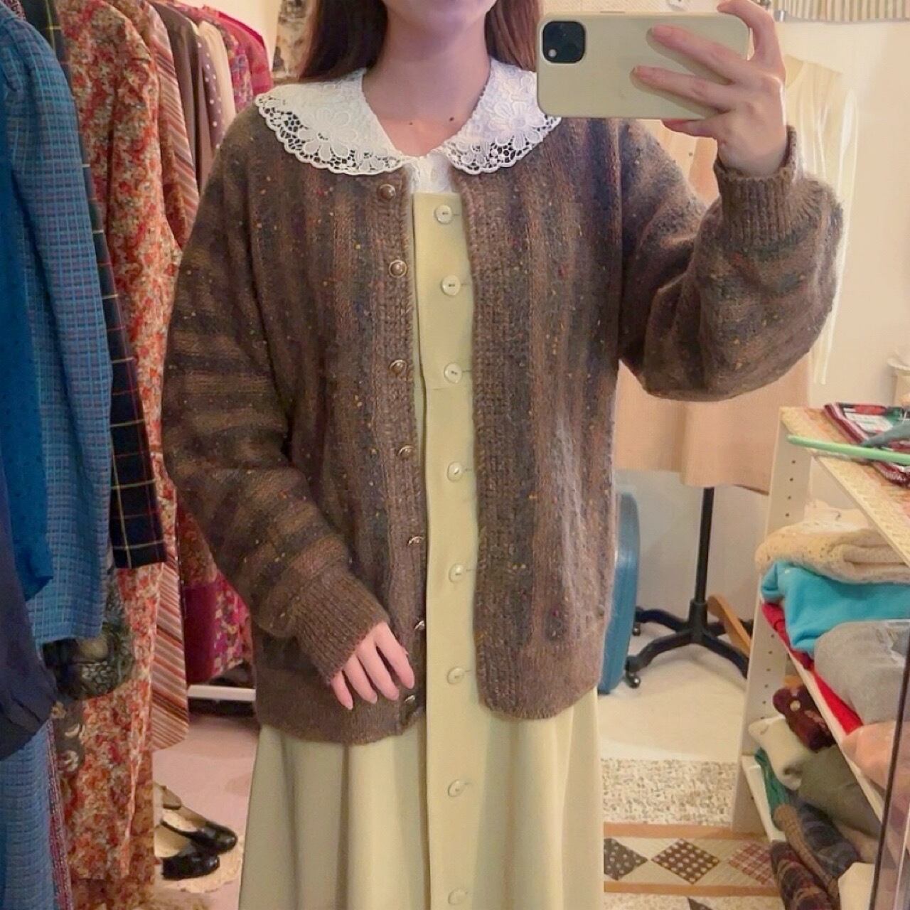 brown fancy yarn knit cardigan