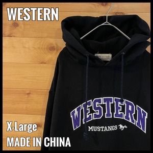 【WESTERN】カレッジ スウェット パーカー フーディ Western Mustangs ウエスタン大学 アーチロゴ 刺繍ロゴ XL US古着