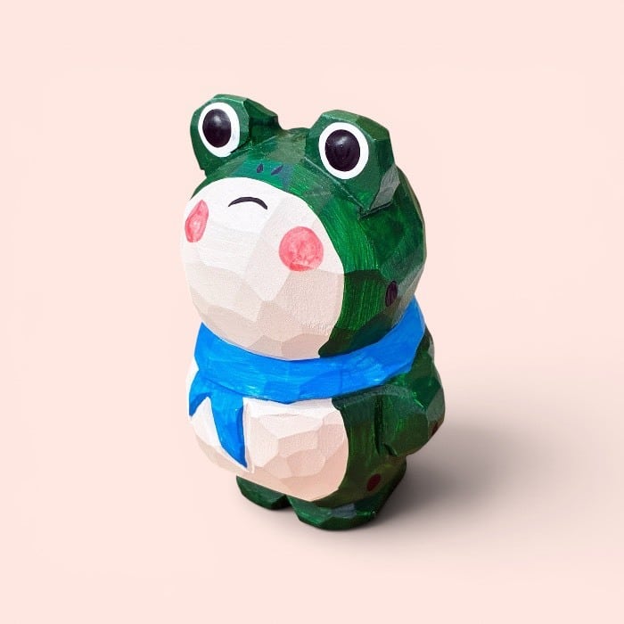 木彫りアニマル カエル かえる 蛙 への字口 手描き かわいい