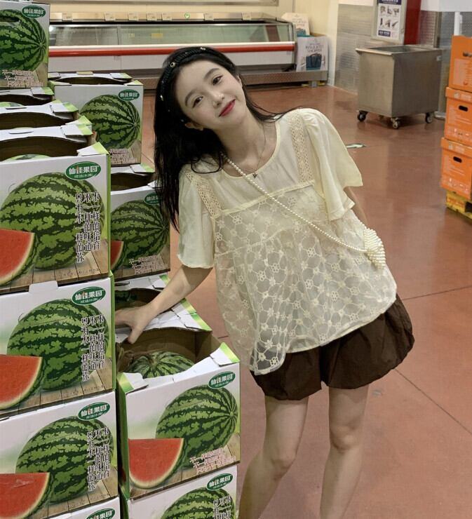 ヤーンサマーレディースレーストップス 半袖スリーブシャツ ショート ハーフスリーブ 大人ガーリー スウィート キュート カジュアル 夏物 モンロー61482441053