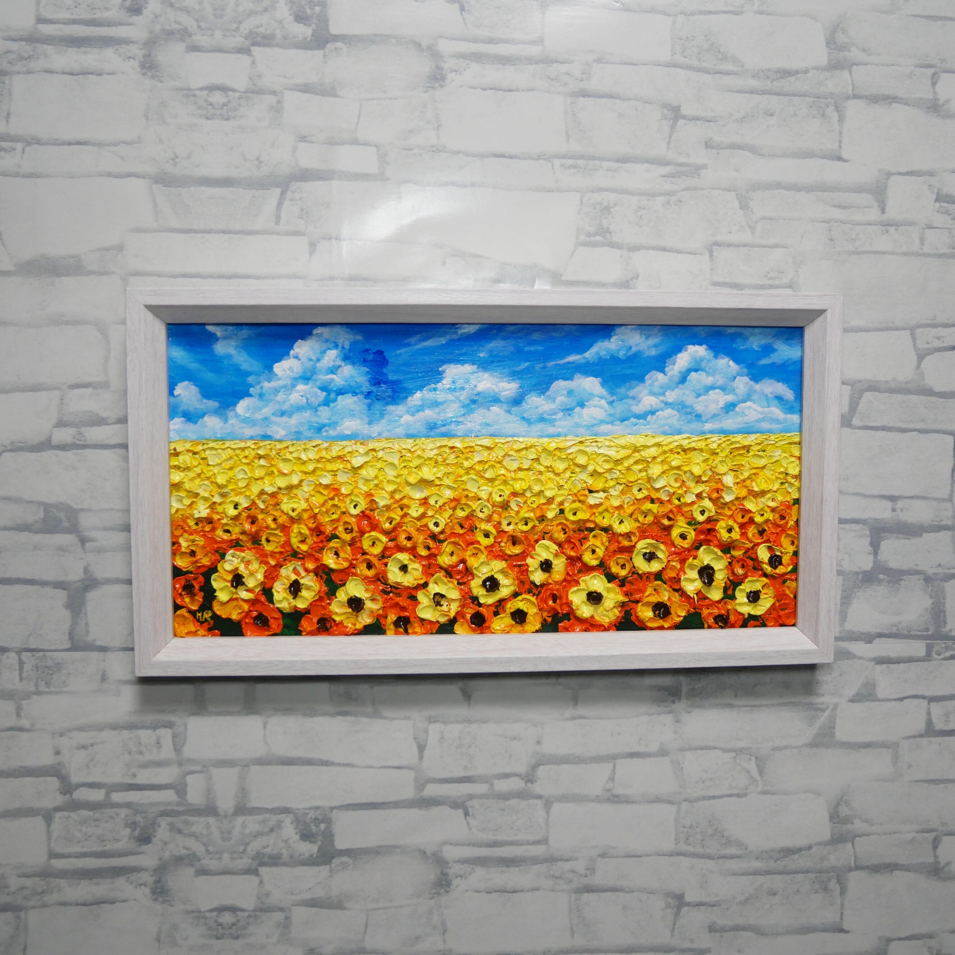 夏のインテリア】油絵原画「風がそよぐひまわり畑」ハンドメイドミニ