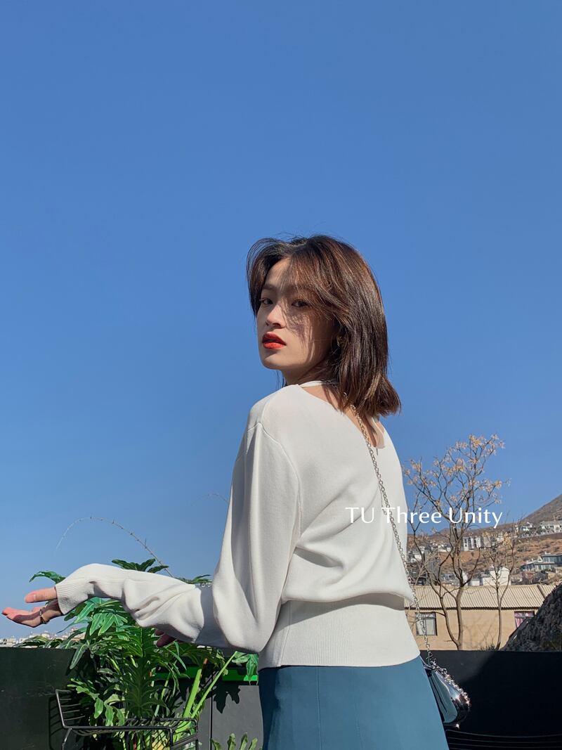 バックレースVネックセーター ブレストスプリングトップス レディース 春物 ビッグFスモールZ韓国51157080694