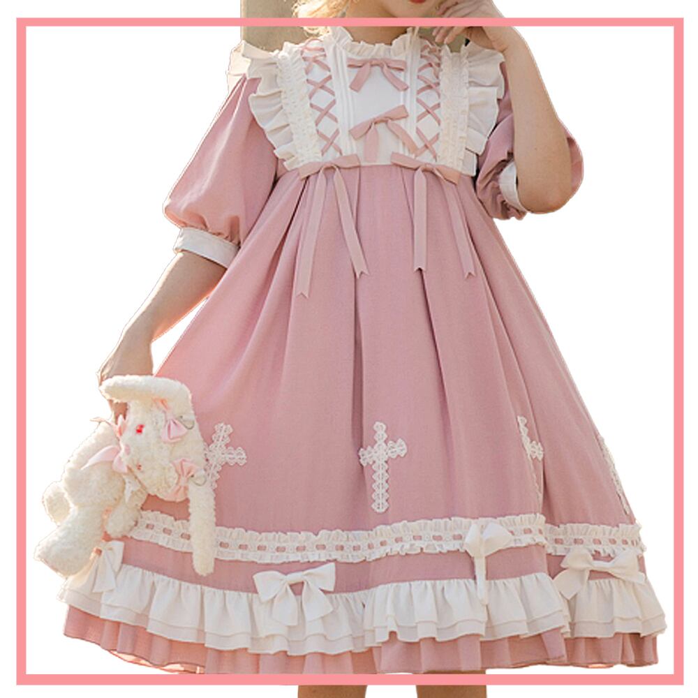 ロリィタクロスハイウエストドールワンピース ピンク Black Lotus