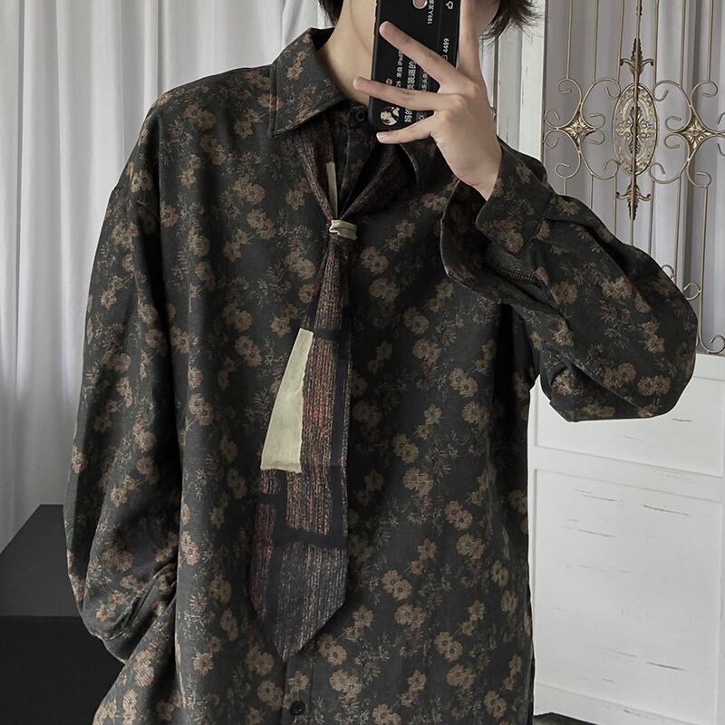 阿豆與後生シリーズ シャツ ネクタイ トップス 花柄 男女兼用 レトロ メンズシャツ かっこいい ファッション Elegant