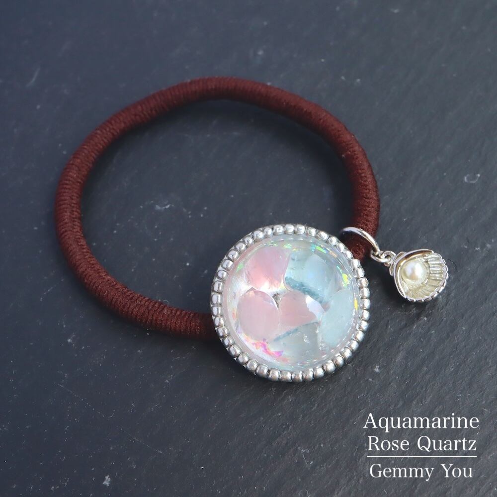 ローズクォーツ + アクアマリン +ホログラム 【石のきもち】 シルバー ビーズ ヘアゴム ブラウン 天然石 パワーストーン レジン