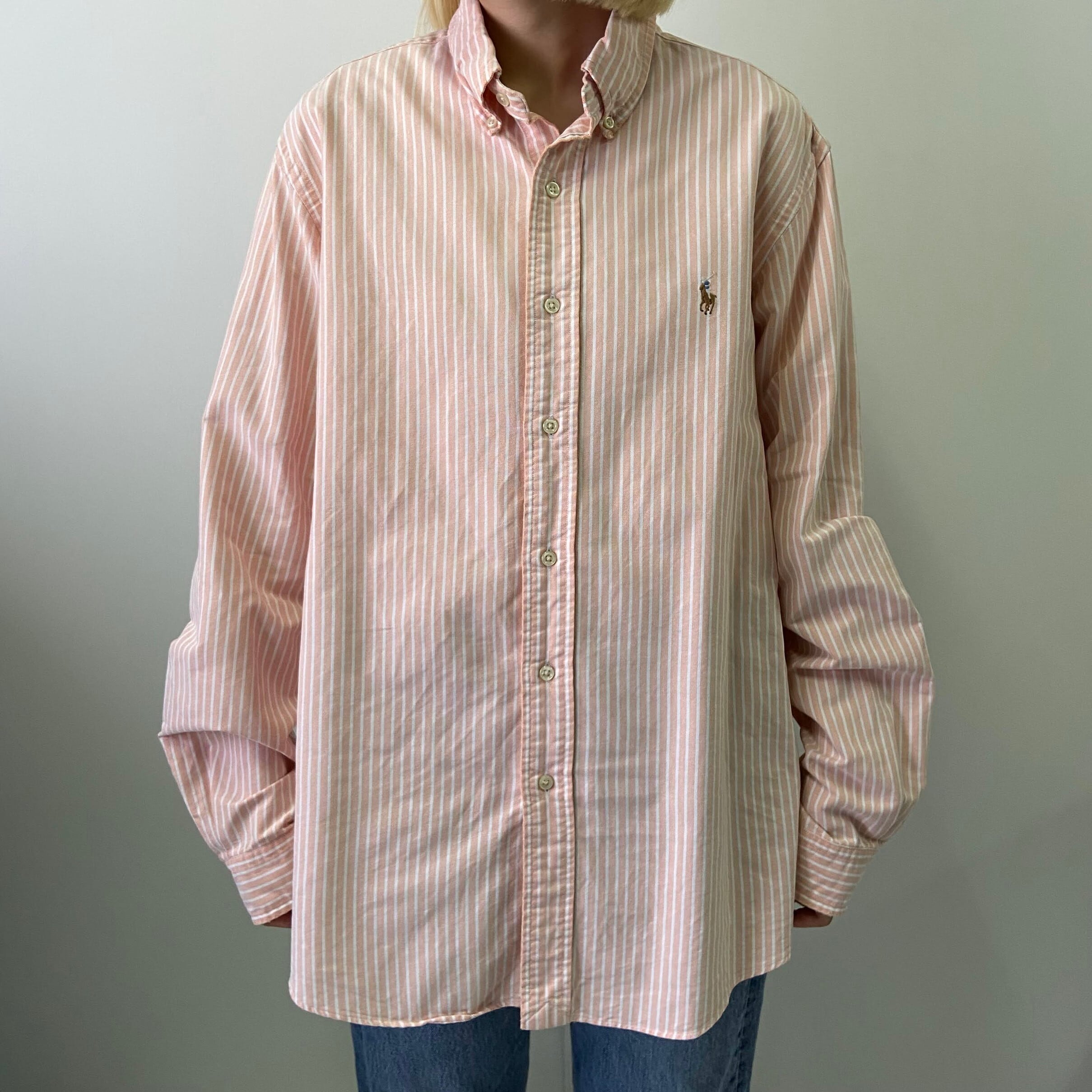 Polo By Ralph Lauren ポロバイラルフローレン Custom Fit 長袖 ストライプシャツ メンズl相当 古着 ボタンダウンシャツ B Dシャツ サーモンピンク 長袖シャツ Cave 古着屋 公式 古着通販サイト