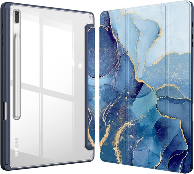 For Galaxy Tab S10 Lite ケース Galaxy Tab S10 FE/S9 FE カバー 透明バック【Trocent】Androidタブレット10.9インチギャラクシー Tab S10 Lite/Tab S9 FE/S10 FEケース ペン収納 オートスリープ機能 マグネット開閉式 背面透明 スタンド機能 三つ折 手帳型 軽量 おしゃれ 衝撃吸収 落下防止 (マーブルブルー)