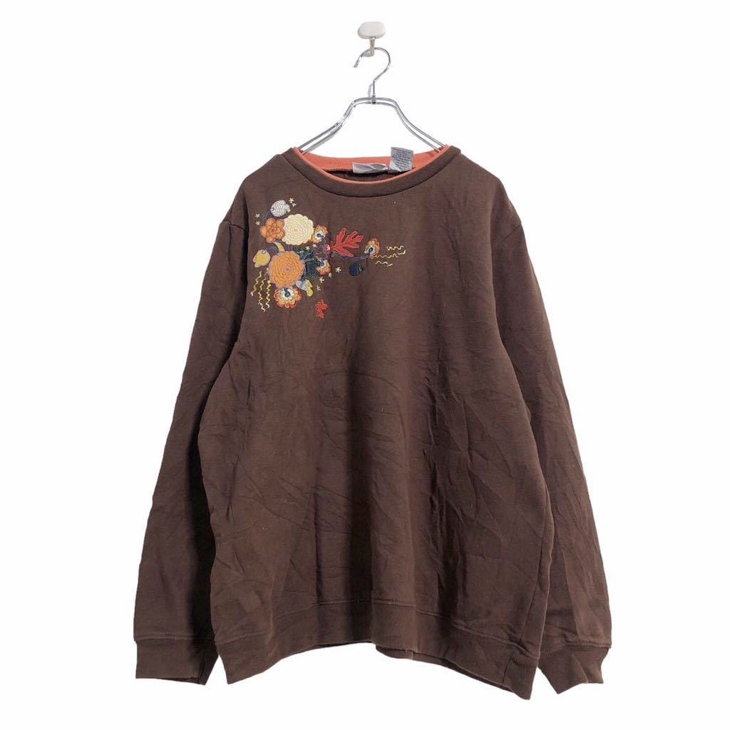 ロゴ スウェット トレーナー ウィメンズ XL ブラウン オレンジ 花 刺繍