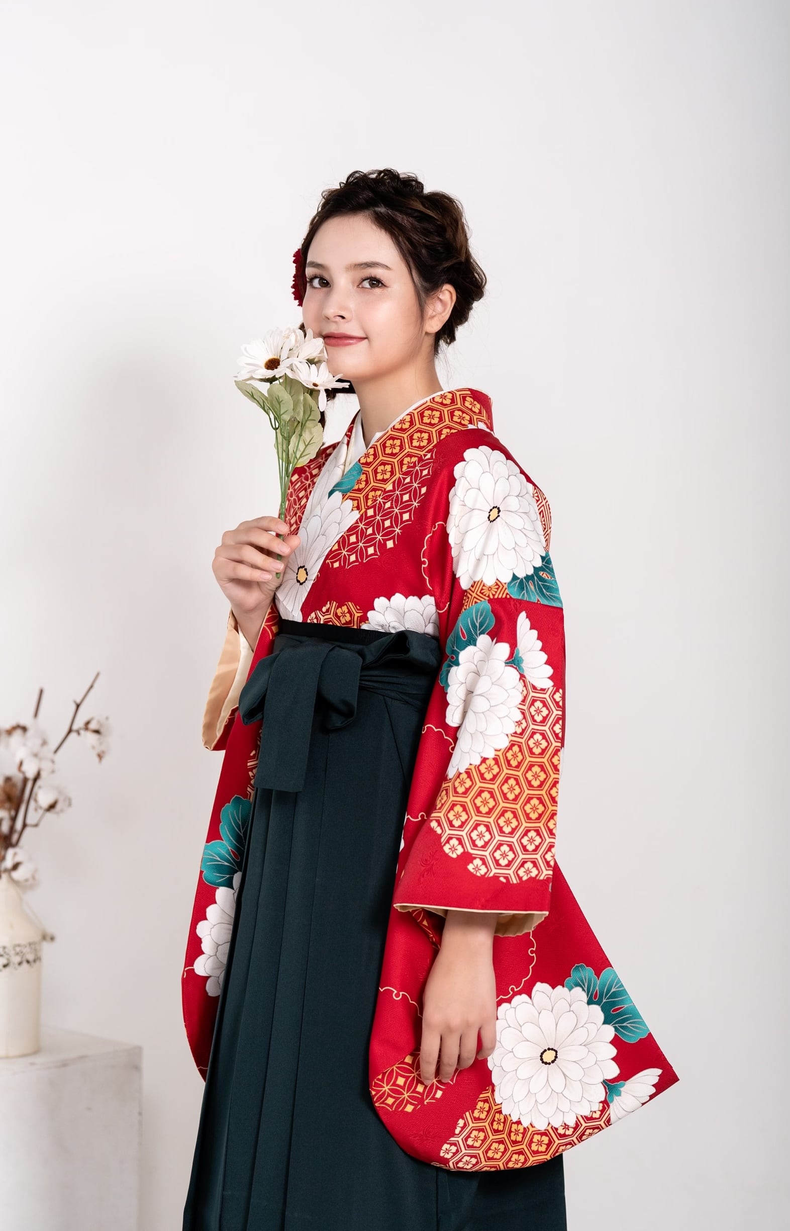 Kimono Sienne 卒業式袴3点セット 赤に白の菊 二尺袖着物 袴 濃緑 卒業
