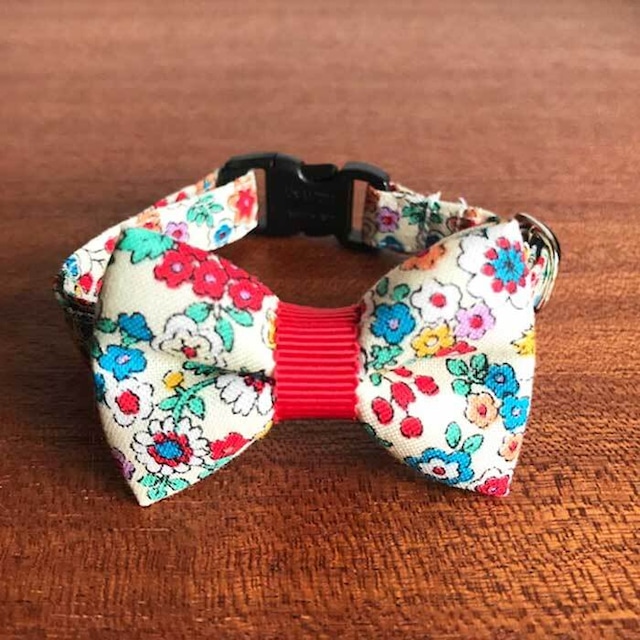 Cat ribbon collar 猫の首輪 リボン首輪 北欧カラフルフラワー レッドグログランリボン 【送料無料】