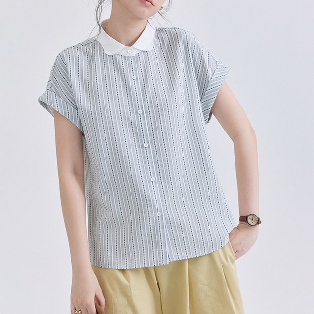 stripe round collar blouse