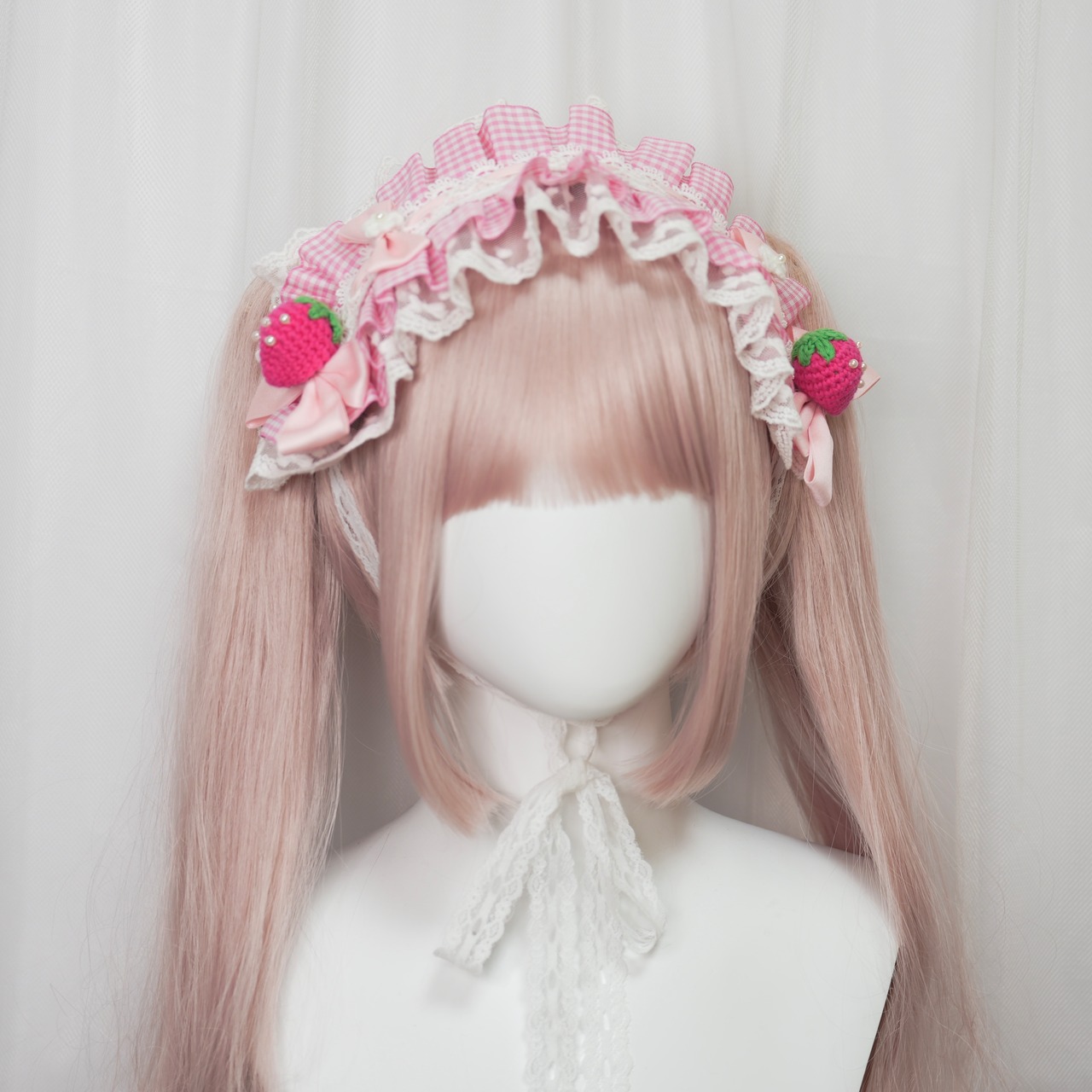 ♡【Sayakadoll original】【受注生産】 いちごとお花のパステルギンガムチェック柄 フリルレースリボンヘッドドレス cherry pink ♡