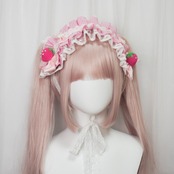 ♡【Sayakadoll original】【受注生産】 いちごとお花のパステルギンガムチェック柄 フリルレースリボンヘッドドレス cherry pink ♡