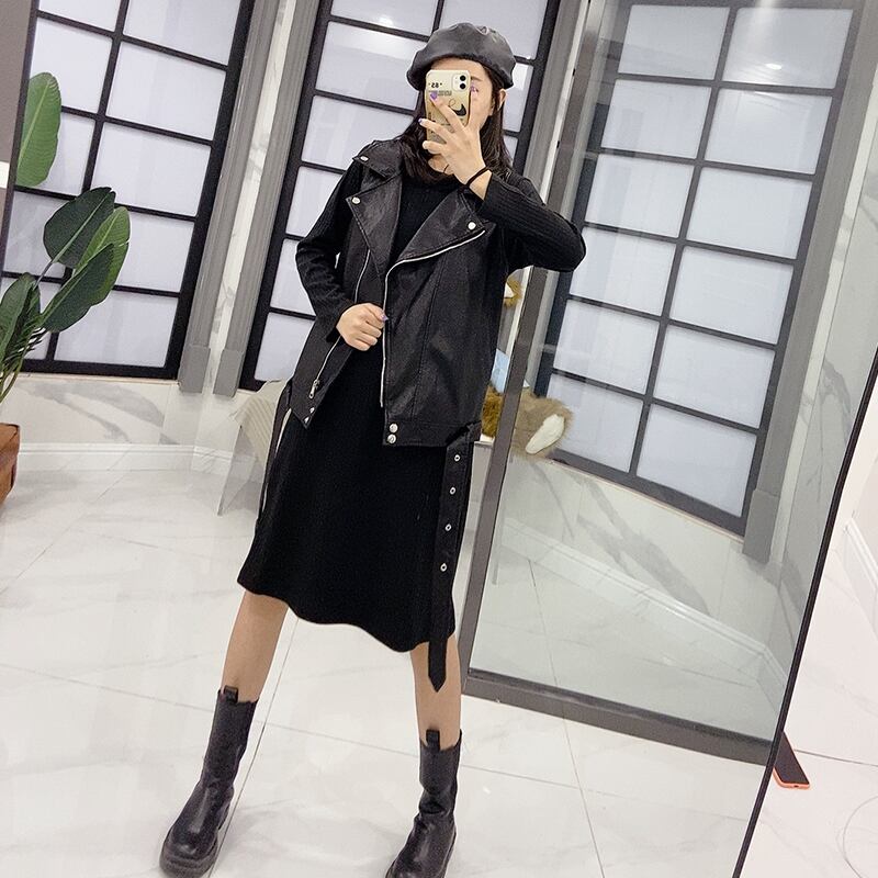 大きいサイズの革のベストの女性のジャケット秋長袖フレンチレトロ脂肪mm西洋風ミドル丈ツーピースドレストレンド ミックスインファッション72188185340