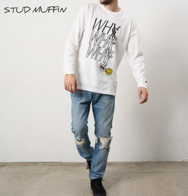 STUD MUFFIN スタッドマフィン ロンT コットン天竺 WHYSL サガラパッチワーク 長袖 Tシャツ カットソー メンズ トップス ホワイト 624-02906