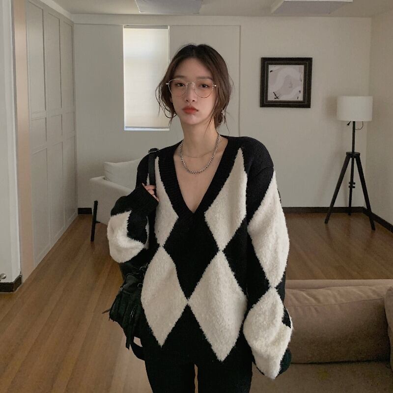 セーター Vネックブラックホワイト格子柄ルーズスタイルトップス オータム 秋物 ウィンター 冬物 ブラックストロベリース10698883574