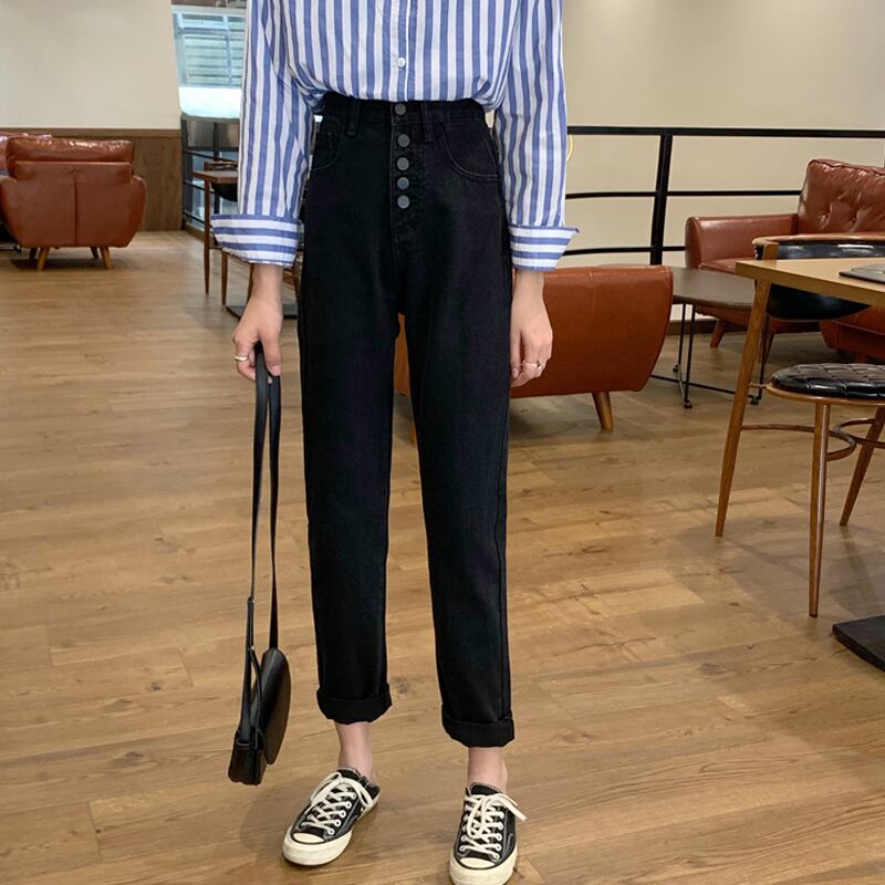 パンツ オータムウィンターハイウェストウェストジーンズ 薄手ブラック 秋物 冬物 試着室52188111614