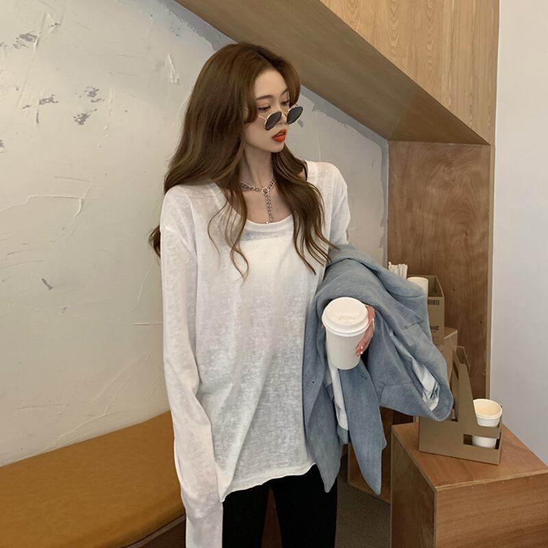 ラウンドネックソリッド カラーTシャツ スプリングトップス ロング 春物 Oネック ソリッドカラー スーパーモール66083582680