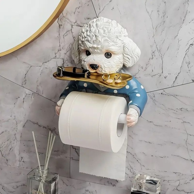 トイレットペーパーホルダー  かわいい 犬 トイプードル 壁掛けトイレットペーパーホルダー　アニマル　動物　犬 　バスルームティッシュ収納ラック　バスルームティッシュシェルフ　バスルームアクセサリー