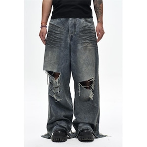 【DRIP6419】D/B Hard Damage Washed Loose Wide Denim