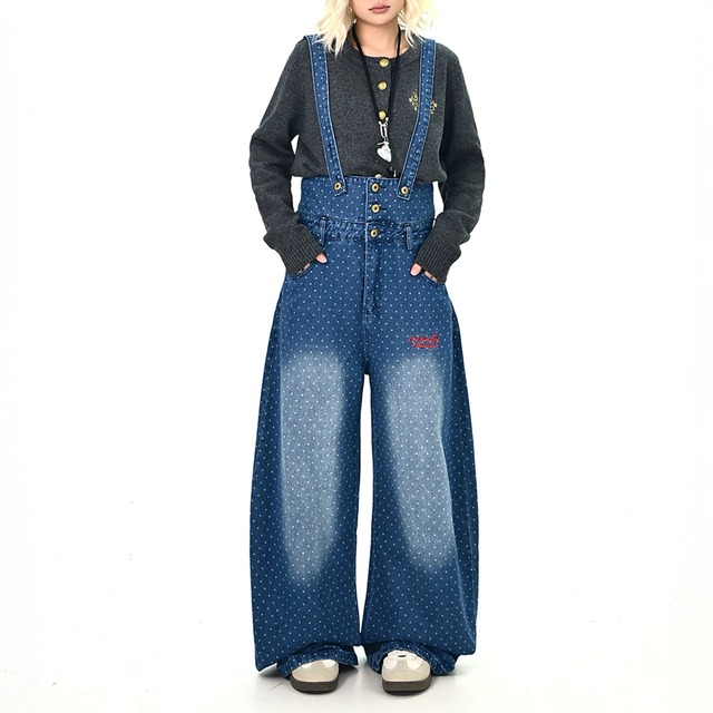 ドットデニムサスペンダーワイドパンツ   R01057