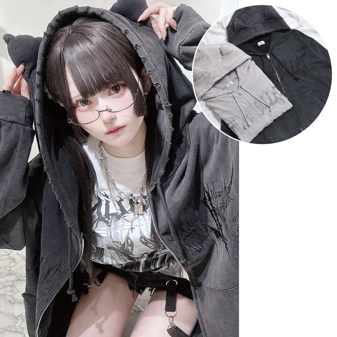 11/8 完売BLACK再入荷！】新作☆ネコ耳ピグメントZIPパーカー 