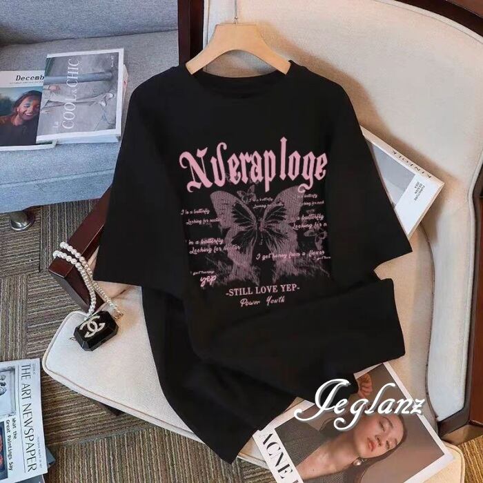 4色 Tシャツ トップス ロゴ 蝶 ドロップショルダー 2パターン ♪ (MA417)ρ