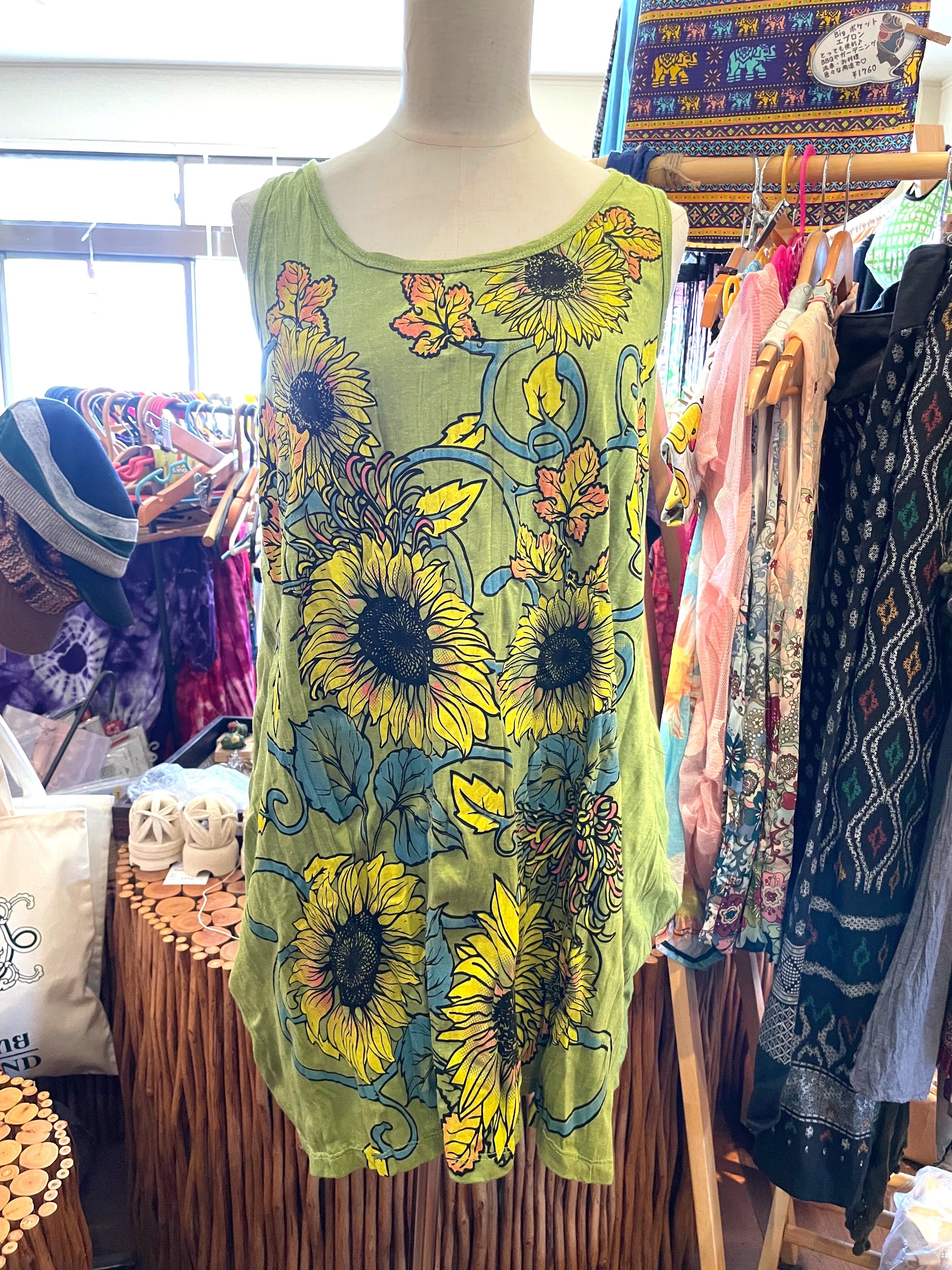 チュニック ワンピース ノースリーブワンピース クリンクル加工 Aライン 柔らかタンクトップ プリント タンクトップ ノースリーブ エスニックファッション アジアンファッション グリーン ひまわり アジアン雑貨 No.300