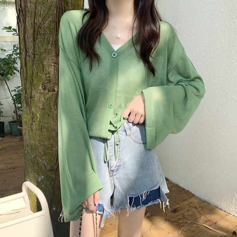 薄手グリーンVネックジャケット レディースサマールーズニットカーディガンショートトップス ロング 夏物 スーパーモール18998933815