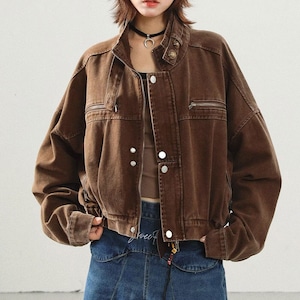 【送料無料】 ショート ジャケット レディース 春秋冬 アウター アメカジ レトロ 大人 カジュアル きれいめ ゆったり 羽織り スタンドカラー 丈夫 厚手 大人可愛い 大人女子