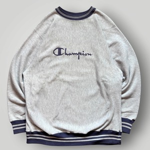 【USA製】Champion リバースウィーブ スウェット トレーナー リブライン XL 灰/紺 ロゴ 刺繍 VINTAGE アメリカ製 チャンピオン 正規品 希少