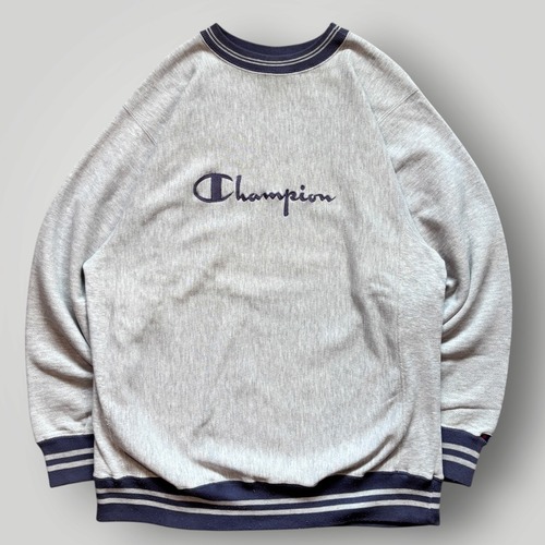 【USA製】Champion リバースウィーブ スウェット トレーナー リブライン XL 灰/紺 ロゴ 刺繍 VINTAGE アメリカ製 チャンピオン 正規品 希少