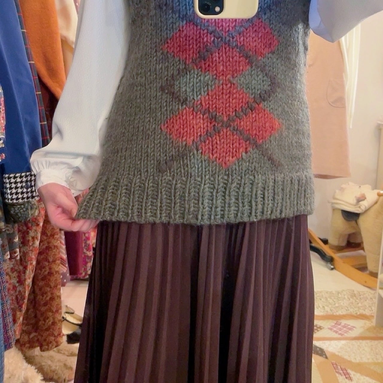 green argyle hand knit vest