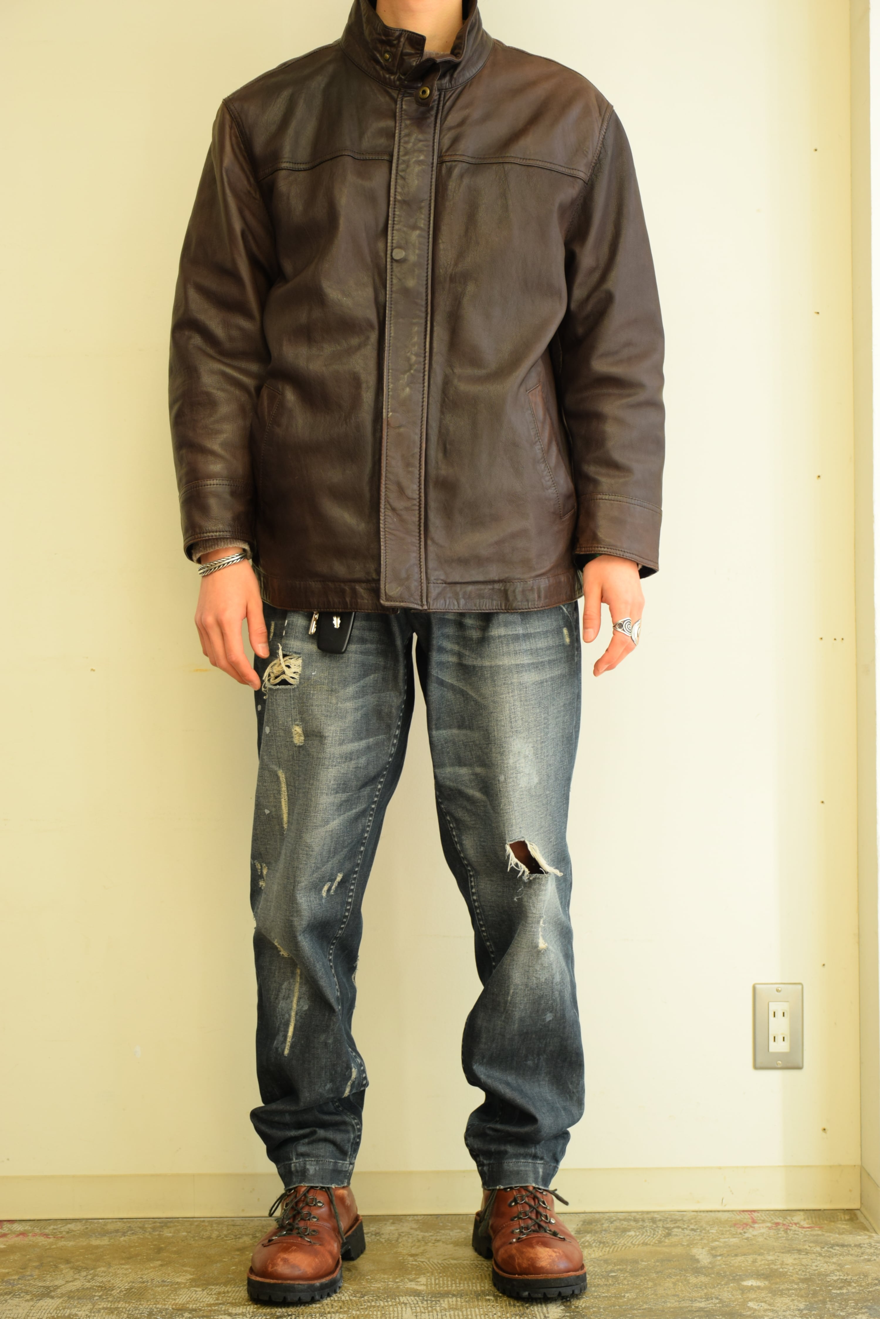 MERONA レザージャケット メンズ XL ブラウン ミドル丈 古着