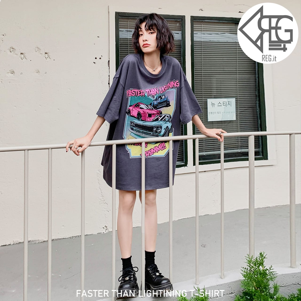 Regit 即納 Faster Than Lightining T Shirt S S 韓国ファッション トップス オーバーサイズ 半袖 ｔシャツ 夏 10代 代 プチプラ 着回し 着映え ネット通販 Tpt073 Regit