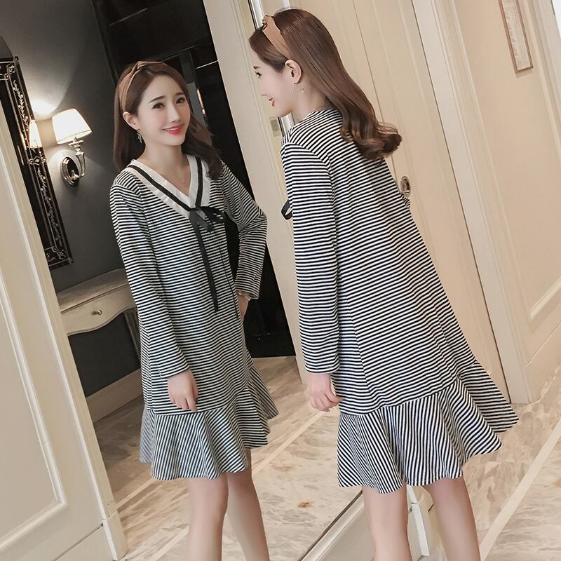 【新作】【送料無料】 マタニティウェア2019春と秋のカジュアル新製品ミドル丈ニットマタニティドレスファッションVネックストライプベースドレス-アリババ スプリング 春物 オータム 秋物 expec230880072729