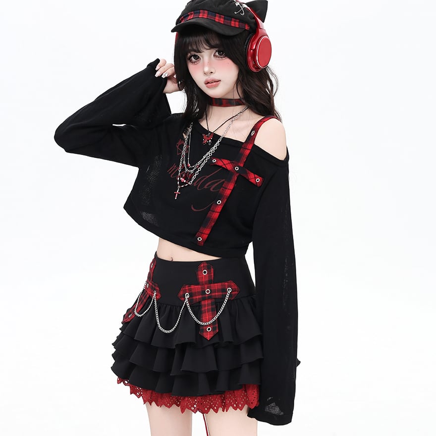 サブカル 服 地雷系 通販 長袖 チェック柄 レッド CRAZYGIRL ダークファッション 闇かわいい Y2K